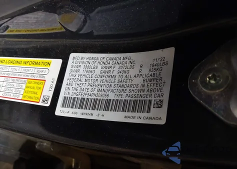 2023 Honda Civic Sport z USA, uszkodzony, nr VIN 2HGFE2F54PH509056